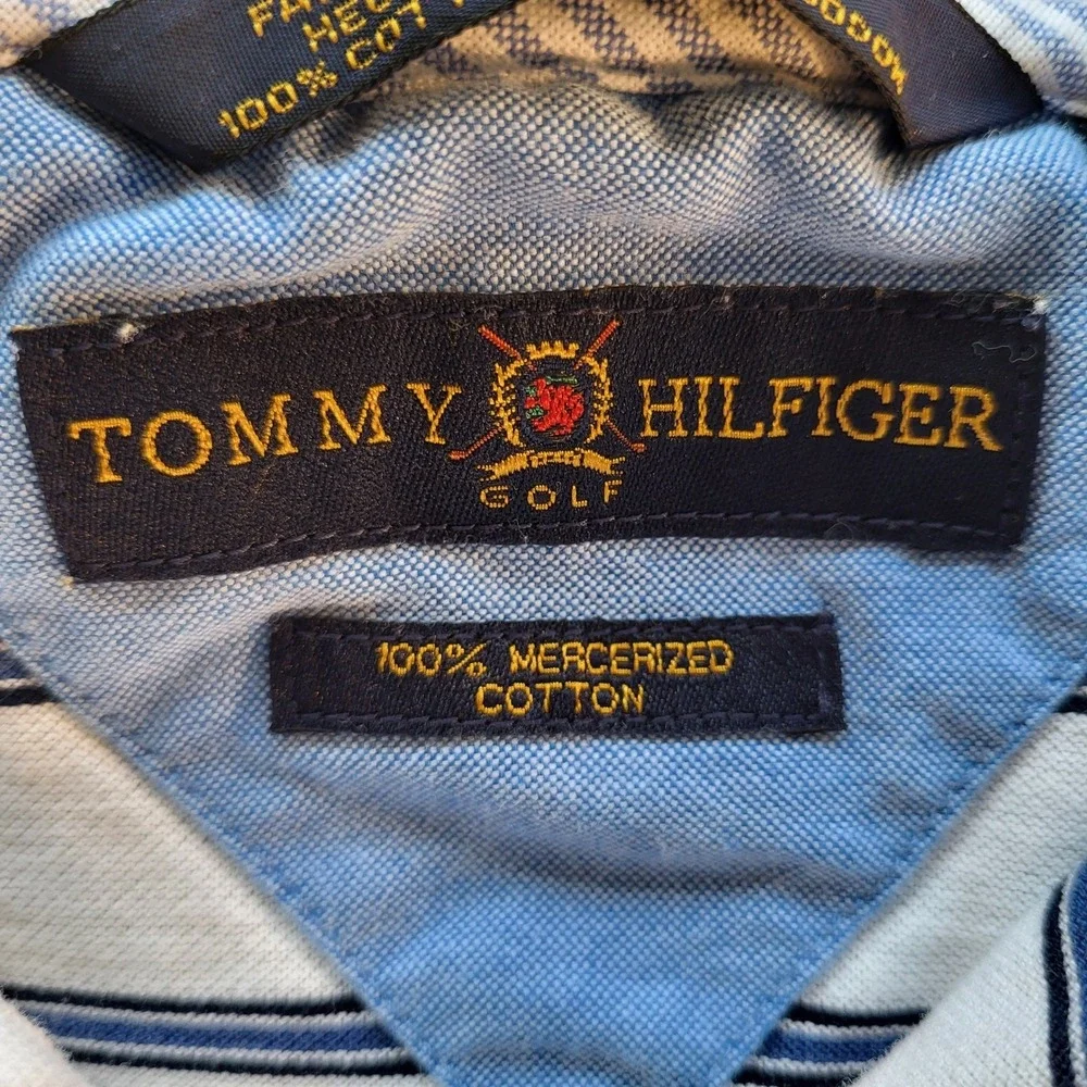 Tommy Hilfiger Golf Mens Large White Navy Striped Mercerized Cotton Polo Shirt